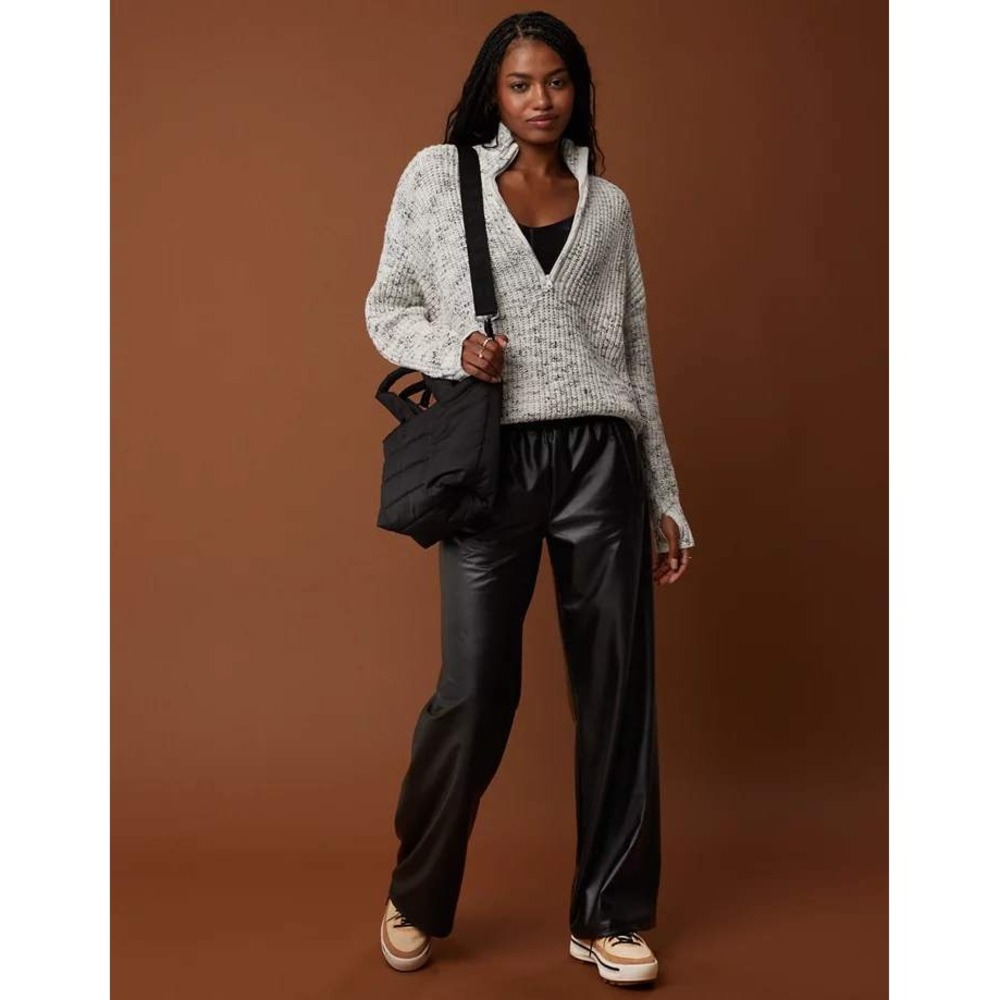 OFFLINE By Aerie Real Luxe Faux Leather Wide Leg Pants Black Size Small Goth